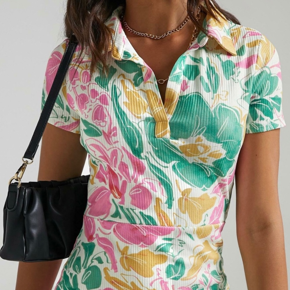 SHOWPO Floral Y2K Mini Dress Bodycon Tropical Resort Spring Coquette Summer Sz 4